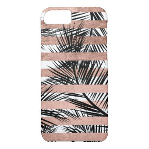Coque iPhone 8/7 Palmiers noirs tropicaux rayures d'or roses chic