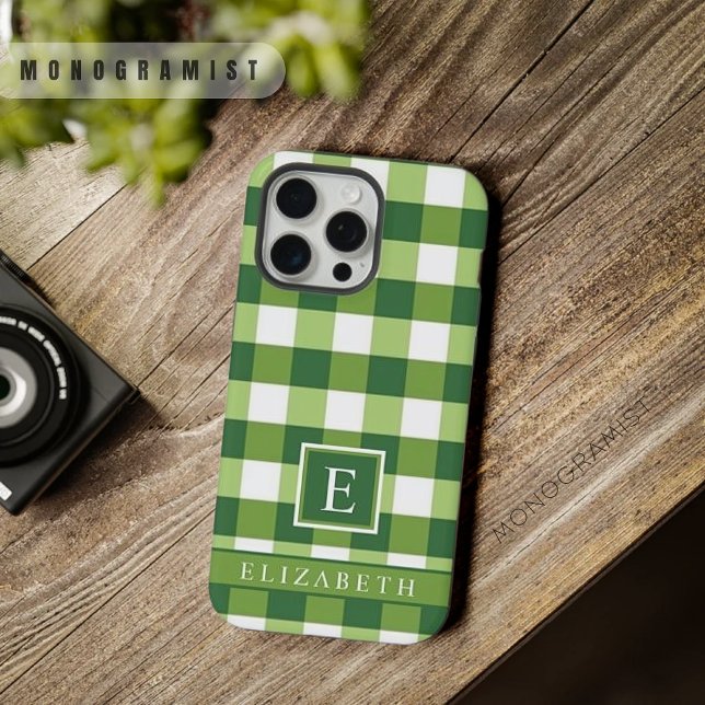 Coque iPhone À damiers blanc foncé personnalisable (Customizable Dark Olive Green White Checkered iPhone Case)