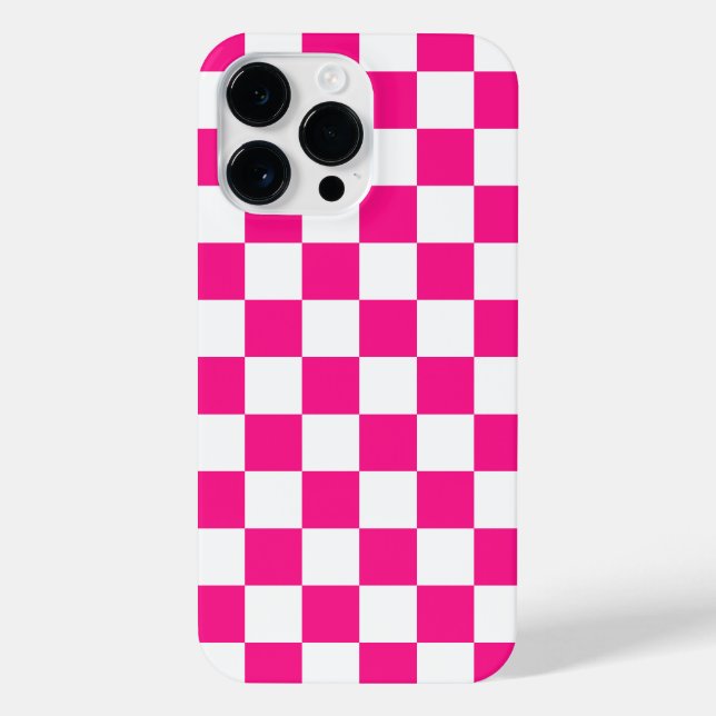 Coque iPhone à damiers carré chaud rose blanc rétro géométrique (Verso)