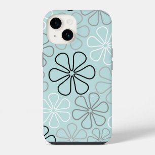 Coque Pour iPhone 14 Abstrait Big Flower Outlines BWG+Duck Egg Blue