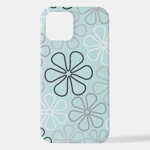 Coque iPhone 12 Abstrait Big Flower Outlines BWG+Duck Egg Blue