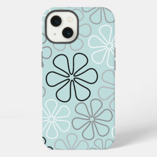 Etui iPhone 13 Abstrait Big Flower Outlines BWG+Duck Egg Blue