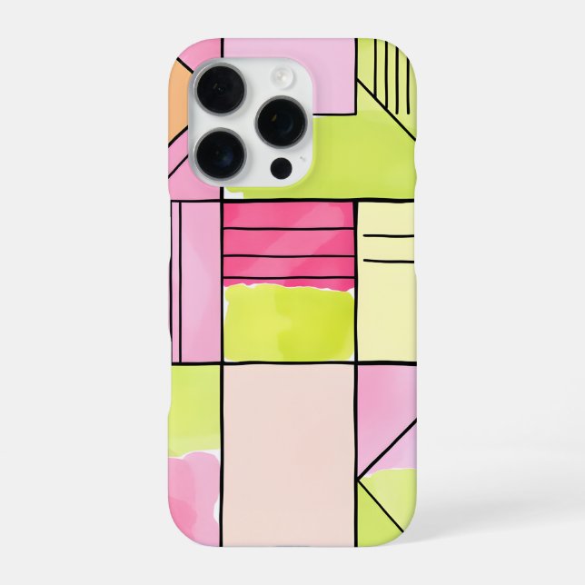Coque iPhone Abstrait patchwork rose et vert citron (Verso)