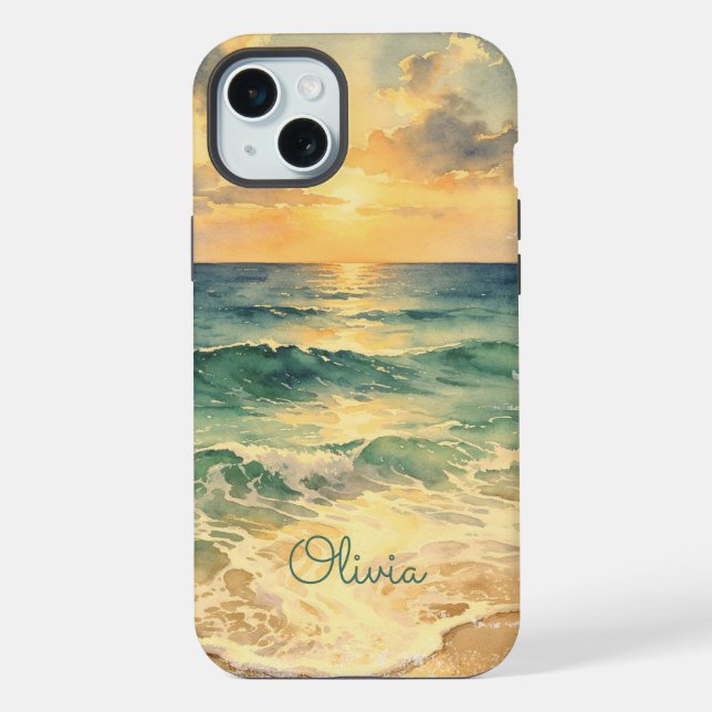Coque iPhone Aesthetic Beach Sunset Watercolor Custom Name (Verso)