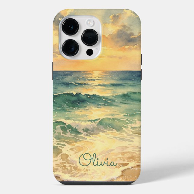 Coque iPhone Aesthetic Beach Sunset Watercolor Custom Name (Verso)