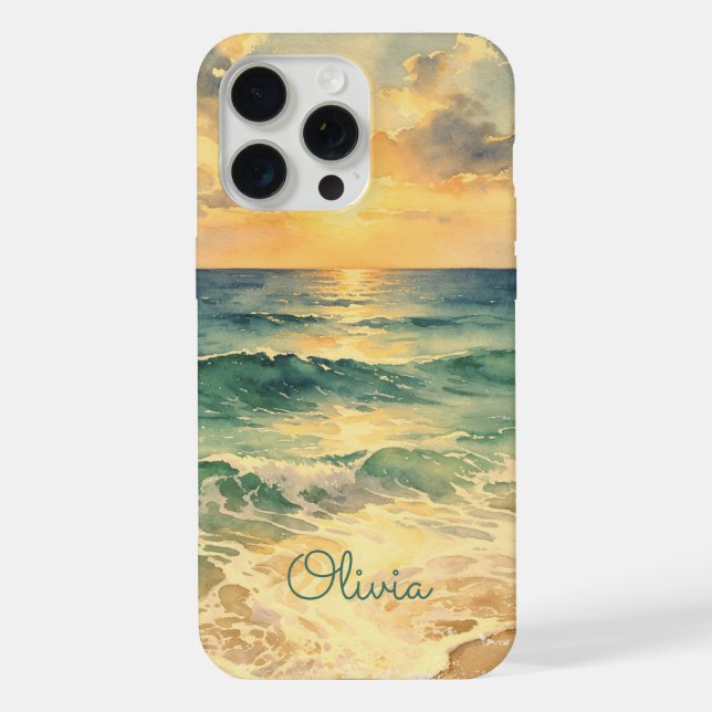 Coque iPhone Aesthetic Beach Sunset Watercolor Custom Name (Verso)