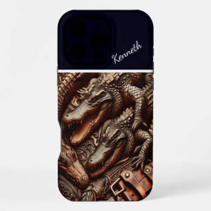 Coque iPhone 16 Pro Max Alligator Cartographie en cuir