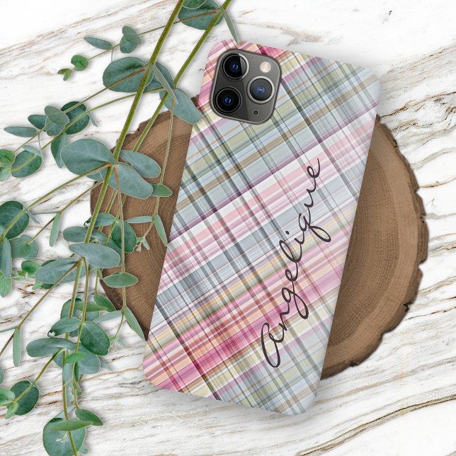 Coque iPhone Amusant été rose bleu Mint vert Plaid Motif (Créateur téléchargé)