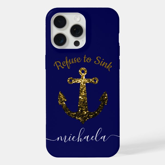 Coque iPhone Ancre Gold faux scintille bleu marine Nom du monog (Verso)