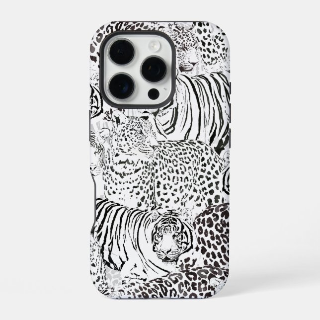 Coque iPhone Animaux modernes de tigres léopards noirs blancs (Verso)