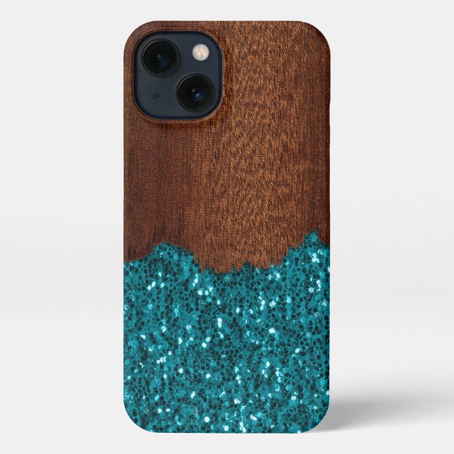 Coque iPhone Aqua bleu étincelle bois brun rustique (Verso)
