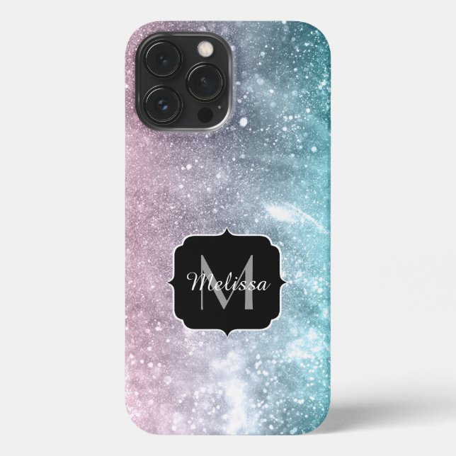 Coque iPhone Aqua bleu rose galaxie marine abstrait Monogramme (Verso)