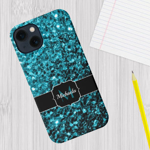 Etui iPhone 13 Aqua bleu Turquoise faux parties scintillant scint
