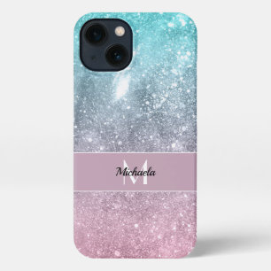 Etui iPhone 13 Aqua blue Pink ombre mer galaxie abstraite Monogra