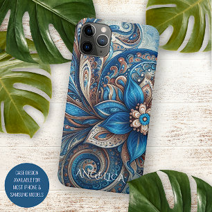Coque iPhone 11Pro Max Aqua Turquoise Azure Blue Beige Paisley Art Motif