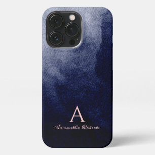 Etui iPhone 13 Pro Aquarelle bleu marine Blush Pink Script Monogramme
