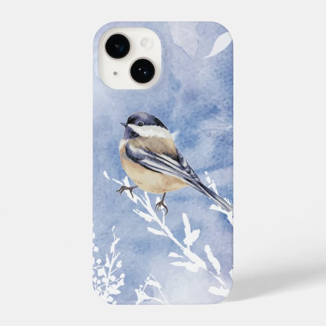Coque iPhone Aquarelle Chickadee Hiver Forêt de neige Oiseau (Verso)