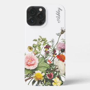 Etui iPhone 13 Pro Max Aquarelle de fleurs botaniques NOM PERSONNALISÉ
