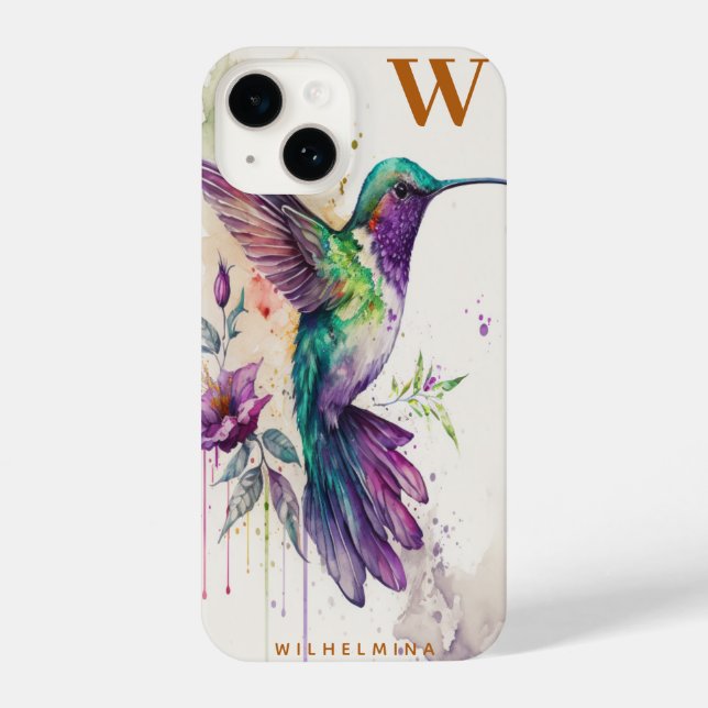 Coque iPhone Aquarelle Elegant Colibri Funny Monogramme Nom (Verso)