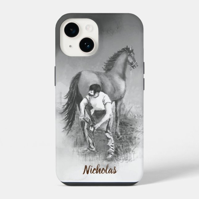Coque iPhone Aquarelle Farrier Horse Shoe Art Nom personnalisé (Verso)