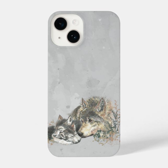 Coque iPhone Aquarelle Mère Père Wolf & Cubs Animal Art (Verso)