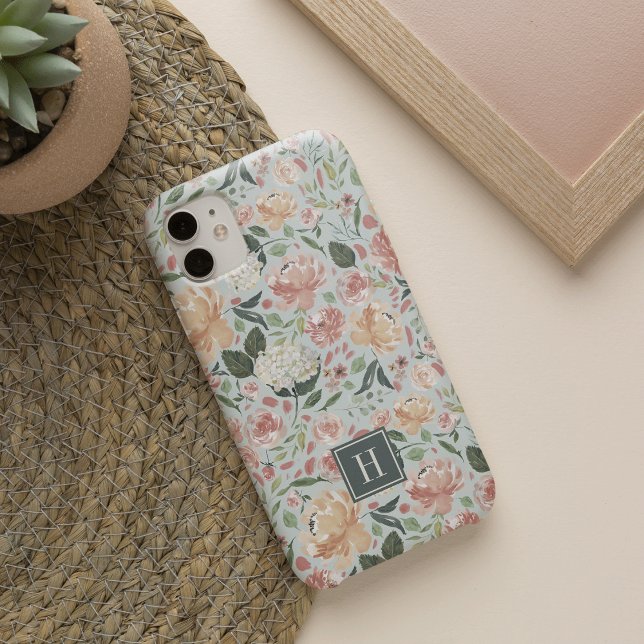 Coque iPhone Aquarelle Motif Floral du milieu de l'été Monogram (Créateur téléchargé)