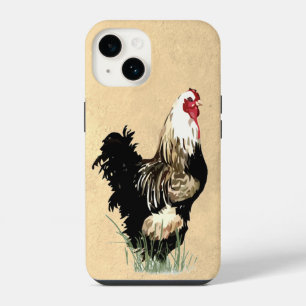 Coque Pour iPhone 14 Aquarelle Noir Blanc poulet Rooster Oiseau Art