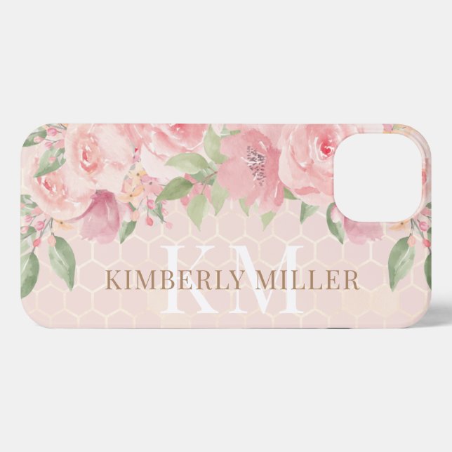 Coque iPhone Aquarelle or bleu rose rose floral Monogramme (Verso Horizontal)