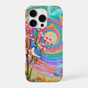Coque iPhone 16 Pro Arc-en-ciel coloré Fleur sauvage Oiseaux Papillons
