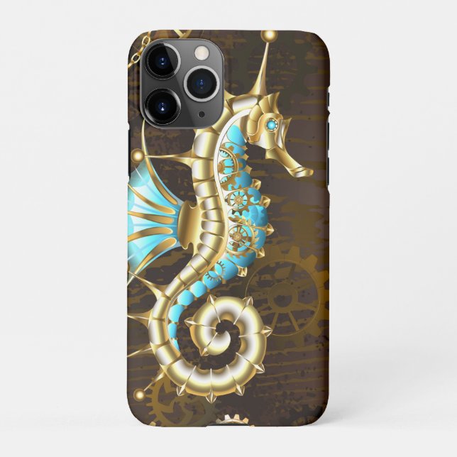 Coque iPhone Arrière - plan en bois avec cheval de mer mécaniqu (Dos)
