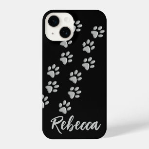 Coque Pour iPhone 14 Arrière - plan noir Silver Dog Paws Motif d'impres