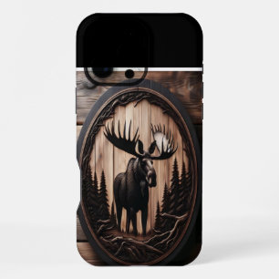 Coque iPhone 16 Pro Max Art en bois de orignal sculpté