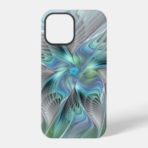 Coque iPhone 12 Pro Art fantaisiste papillon bleu vert abstrait fracta