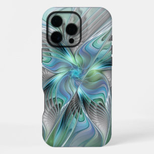 Coque iPhone 16 Pro Max Art fractal fantaisiste papillon bleu vert abstrai