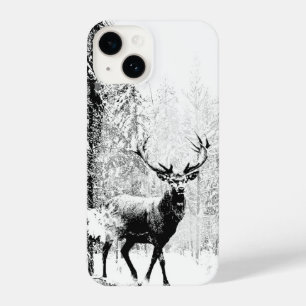 Coque Pour iPhone 14 Art graphique Deer Stag Forêt animale Arbres hiver