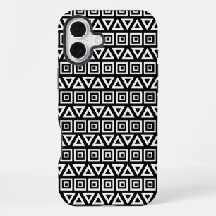 Coque iPhone 16 Plus Aztec Triangles+Motif Carré blanc sur noir