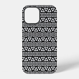 Coque iPhone 12 Aztec Triangles+Motif Carré blanc sur noir