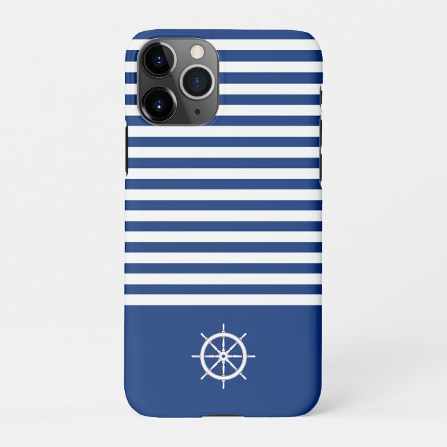 Coque iPhone Bandes Nautiques+Navires Roue Bleu+Blanc (Dos)