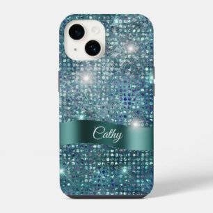 Coque Pour iPhone 14 Bannière sarcelle Étincelle Bleu Gemme Glamour