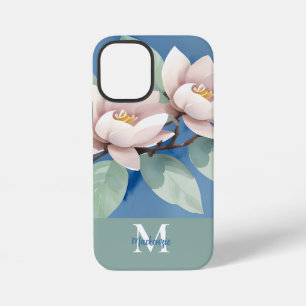 Coque iPhone 12 Mini Beaux Magnolias Personnalisés   Bleu et blanc
