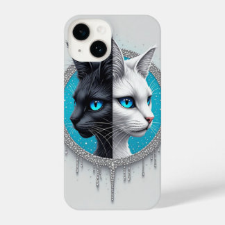 Coque Pour iPhone 14 Black and White Cat Split Portrait With Blue Eyes