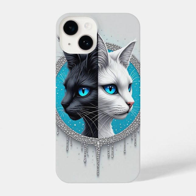 Coque iPhone Black and White Cat Split Portrait With Blue Eyes (Verso)