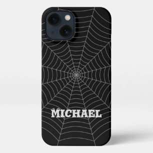 Etui iPhone 13 Black grey spider web Halloween motif Votre nom