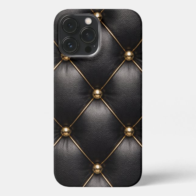 Coque iPhone Black Quilted Leather & Gold Studs Phone Case (Verso)