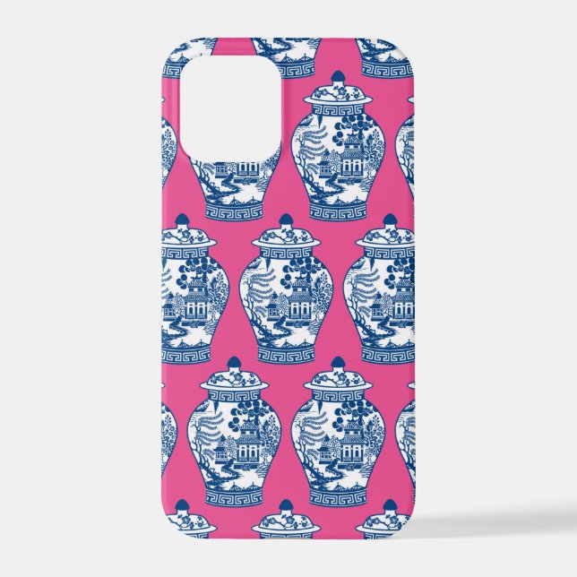 Coque iPhone Bleu et blanc pots de gingembre sur rose vif (Verso)