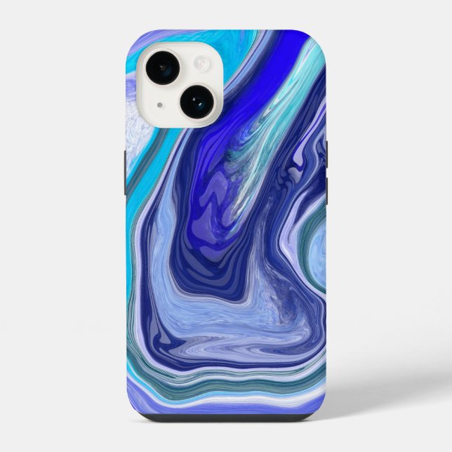 Coque iPhone Bleu et Marbre blanc Abstrait Fluid Art (Verso)