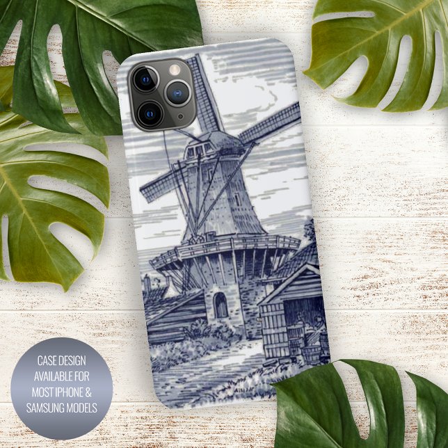 Coque iPhone Bleu foncé Antique Delft Bleu Moulin à vin néerlan (Créateur téléchargé)
