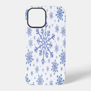 Coque iPhone 12 Pro Bleu marine Noël Flocons de neige sur fond blanc d