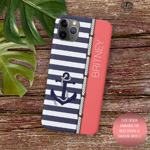 Bleu marine personnalisé bandes rose blush blanc