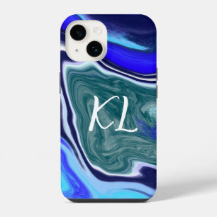 Coque Pour iPhone 14 Bleu monogramme et Marbre blanc fluides Art